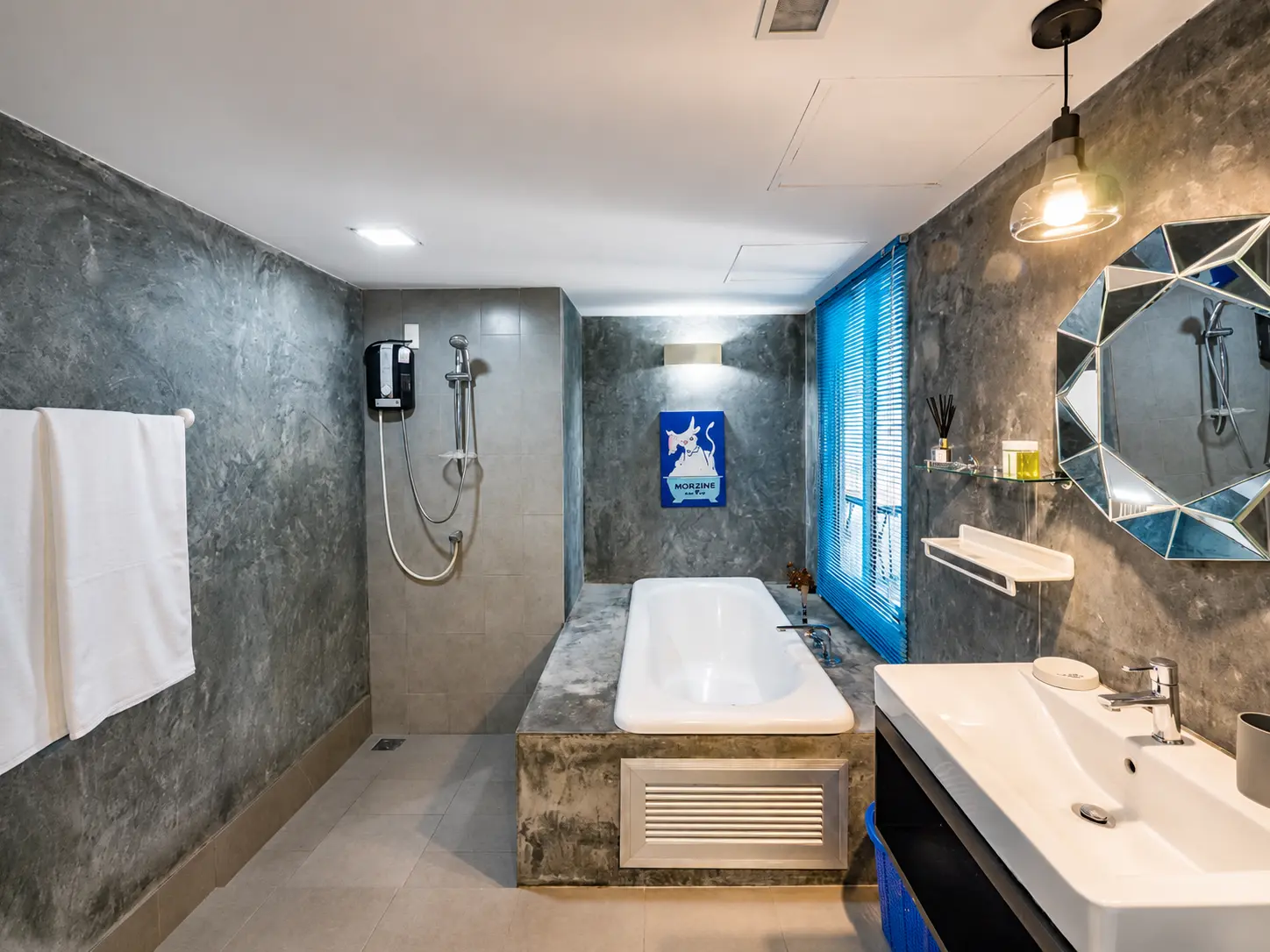 Bathroom with hot tub and shower